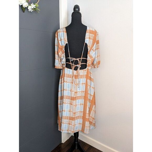 Asos Lost Ink Tie Back Check Midi Dress in Blue and Orange  - 14 - Picture 3 of 11